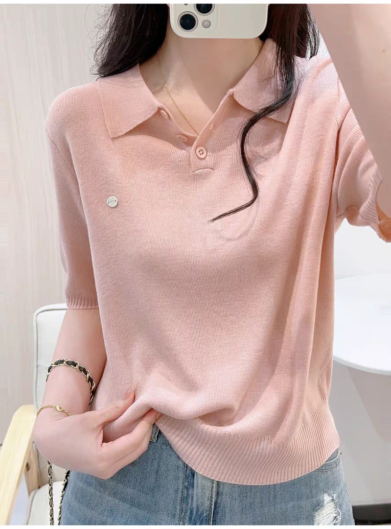 粉色Polo领短袖针织T恤女夏季翻领正肩短款减龄简约显白显瘦上衣