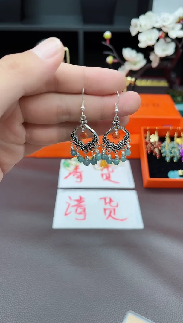 翡翠银S925镶嵌耳饰432000