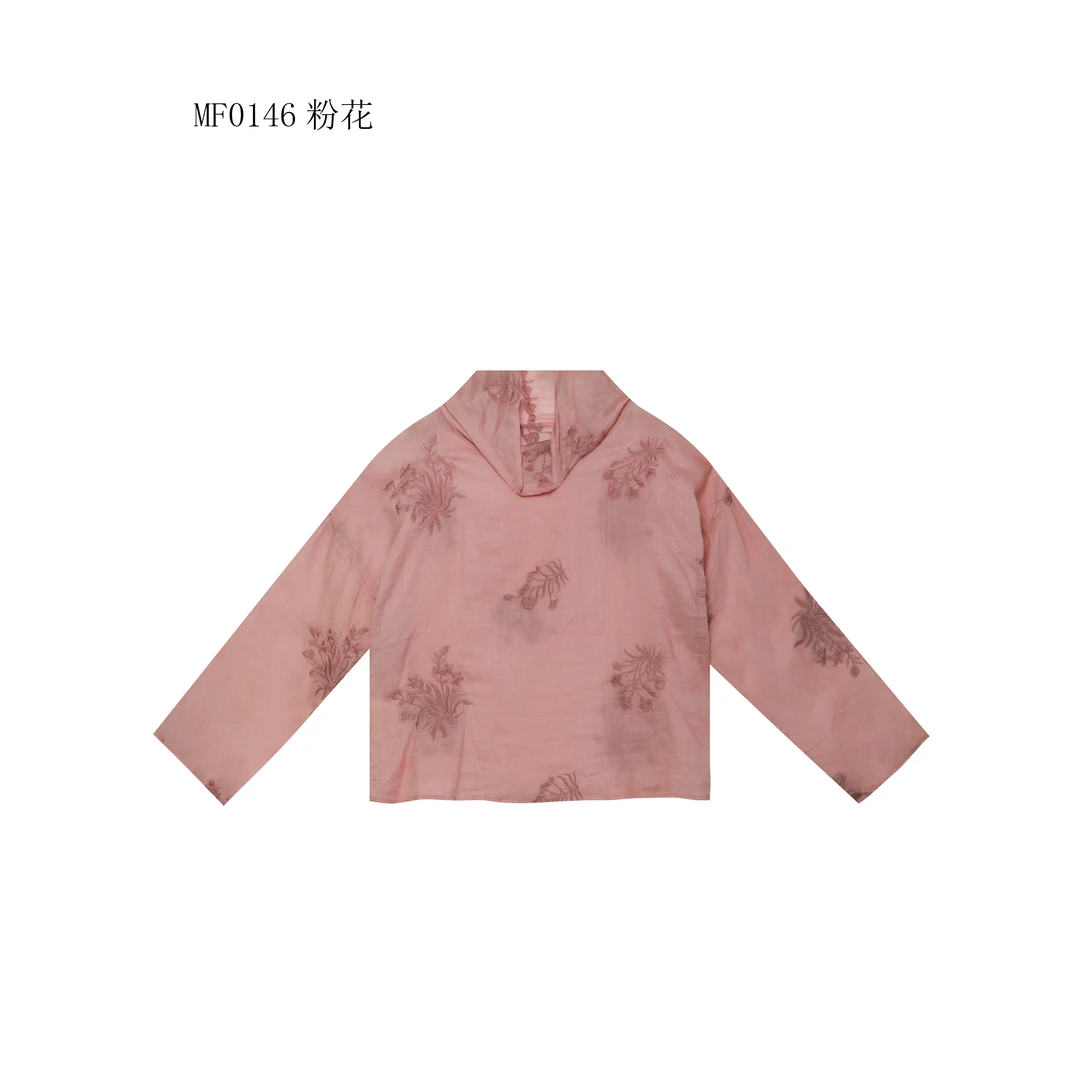 【麻訪家】MF0146粉花文艺简约宽松百搭长袖堆堆领上衣