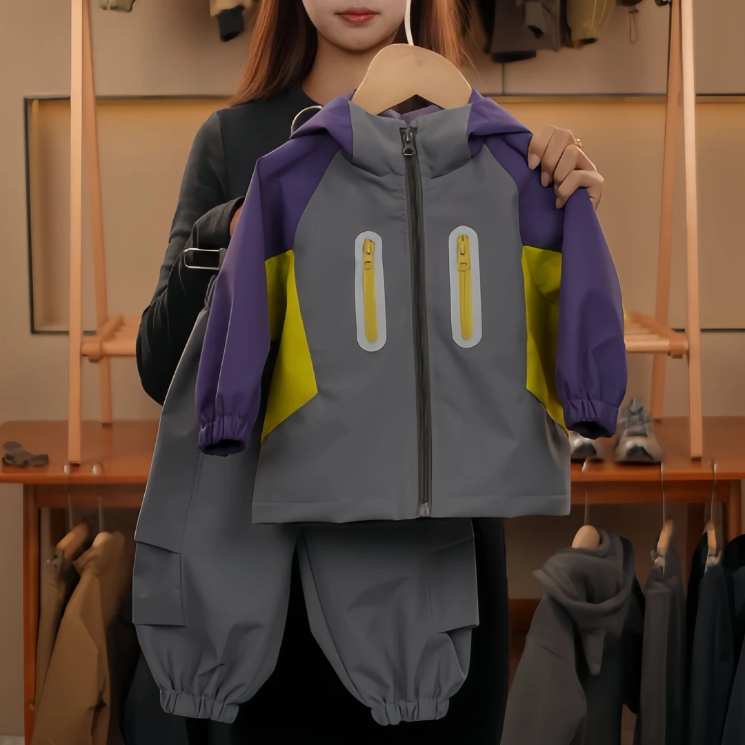 【Yusoon】2025冬儿童新品时运动尚潮流配色拼接拉链加厚冲锋套装