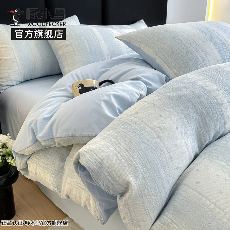 啄木鸟纯棉三层纱床上四件套全棉床单被套2025新款轻奢床笠床品款