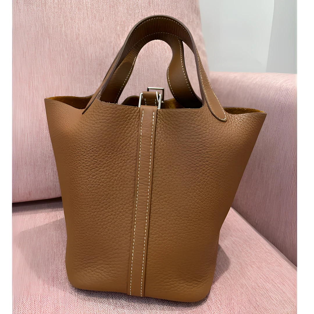 99新 Hermes/爱马仕 安洁利严选菜篮子金棕银扣U刻手提包 708