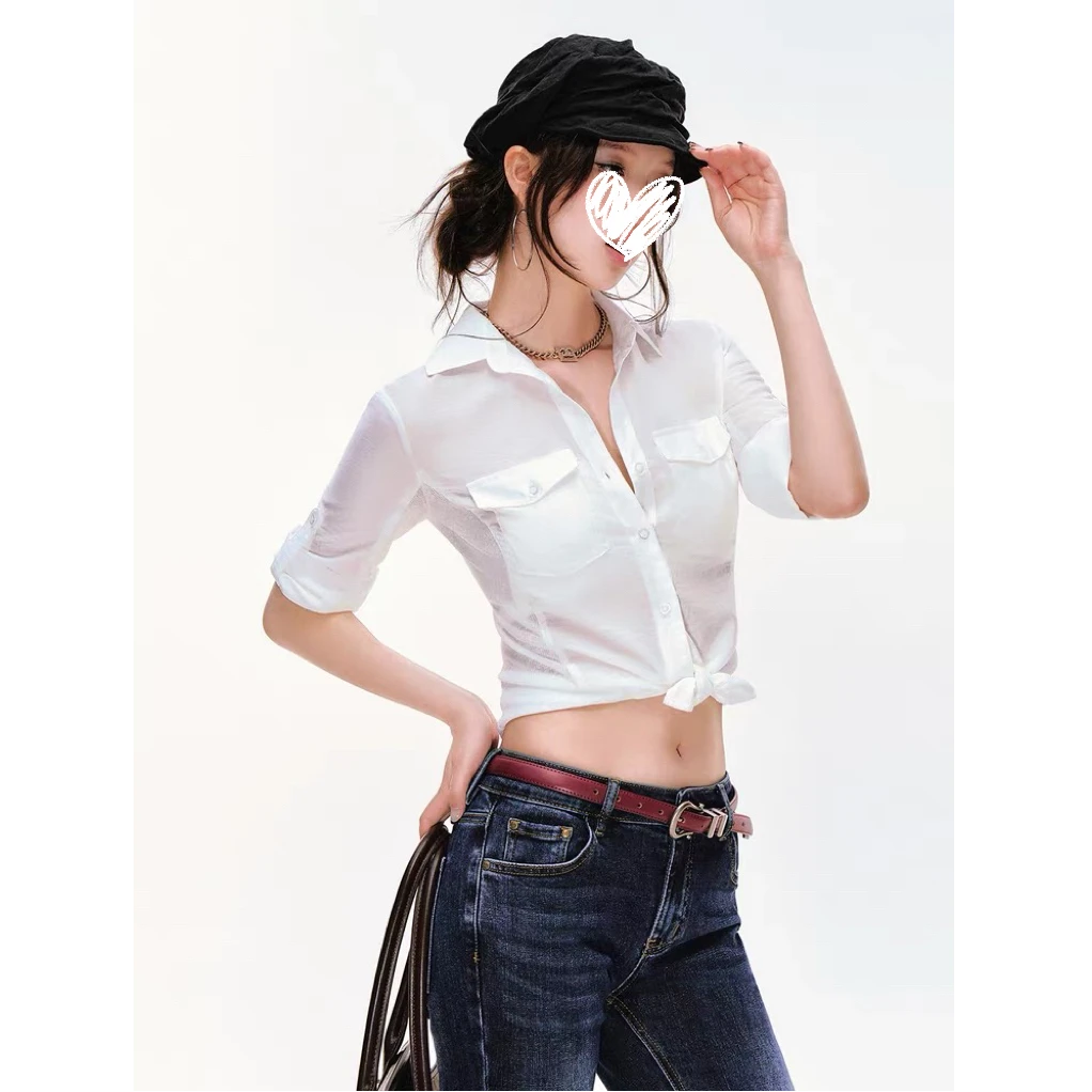 夏季美式辣妹微透收腰上衣衬衫高知感显瘦百搭通勤衬衣