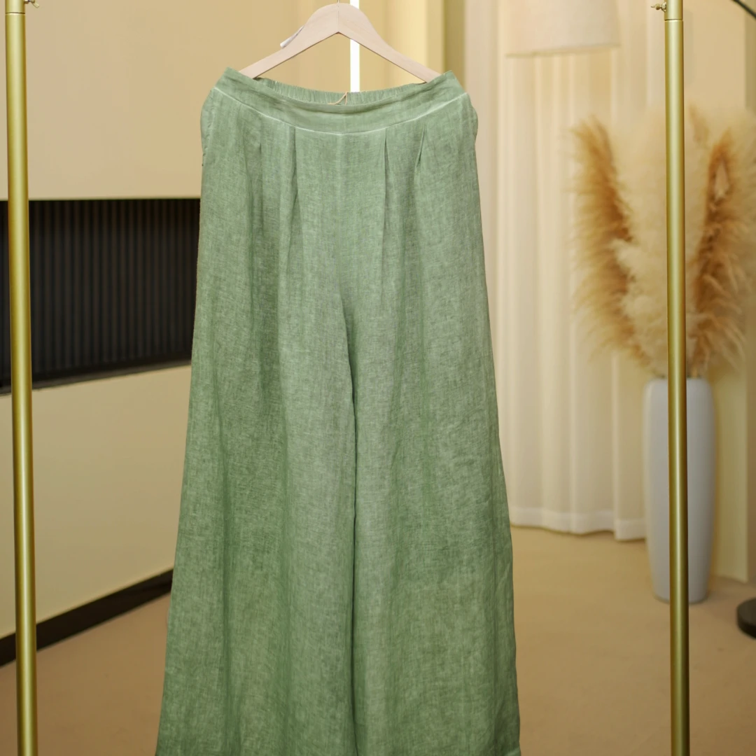 山木间HX纯色雨露亚麻阔腿长裤2407