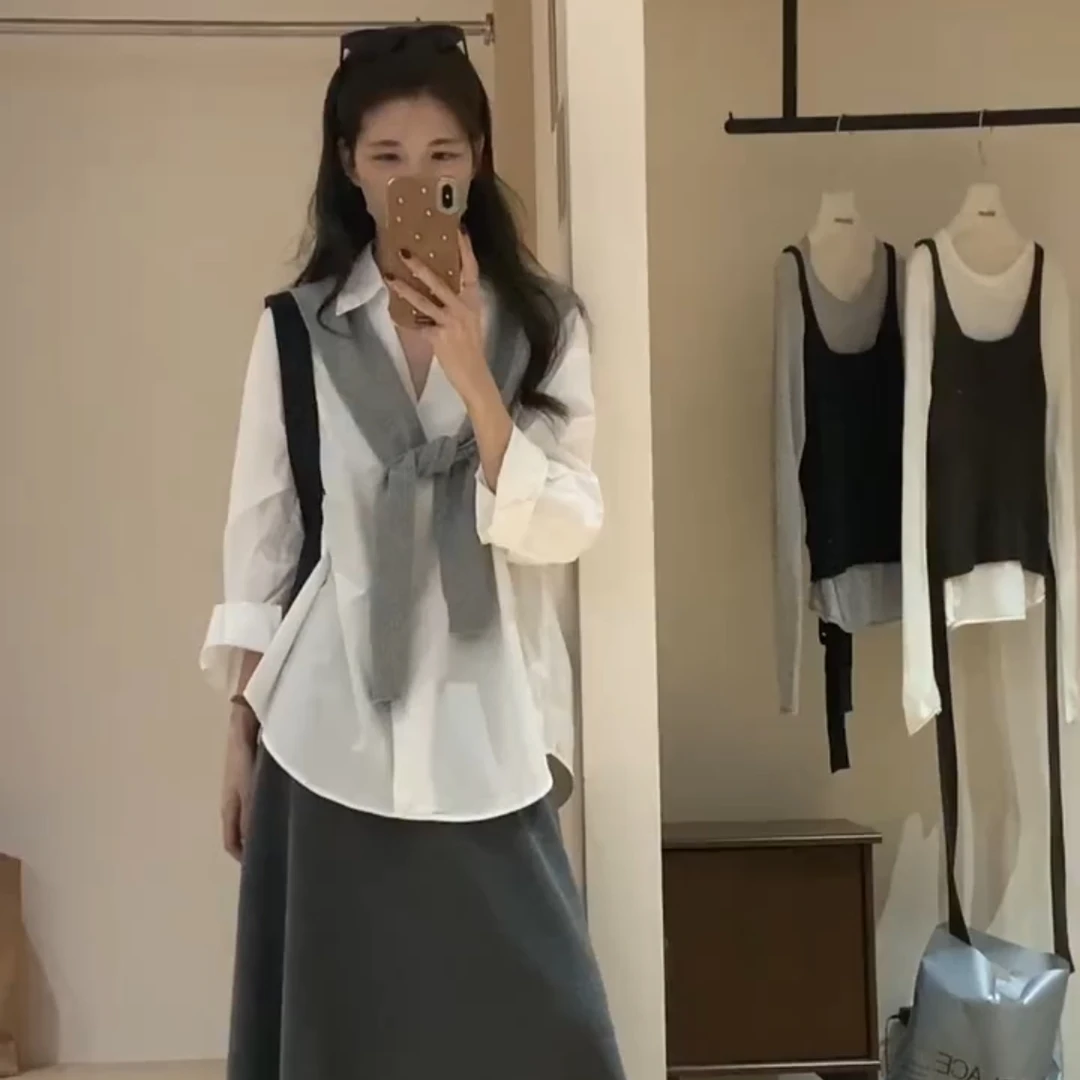 【珍珠港】韩系气质简约法式通勤时尚套装小众蓝色衬衫灰色半身裙