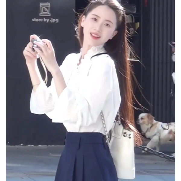 法式网红时尚白色蕾丝花边V领衬衫女气质高腰A字半身裙两件套装春