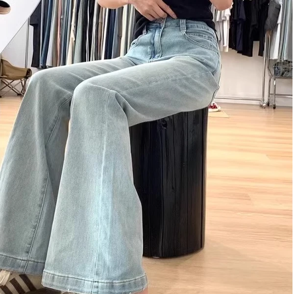 浅蓝微喇牛仔裤女春季新款高腰弹力显瘦胖mm直筒喇叭裤子