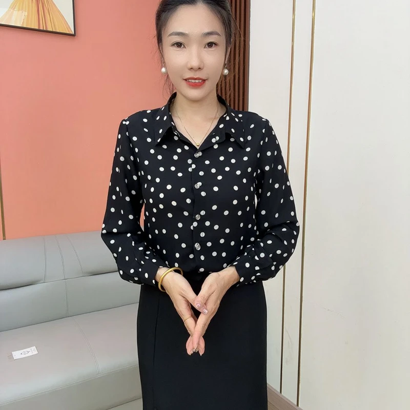 秋季新款POLO开衫长袖衬衫洋气百搭气质显瘦波点衬衫#长袖衬衫#