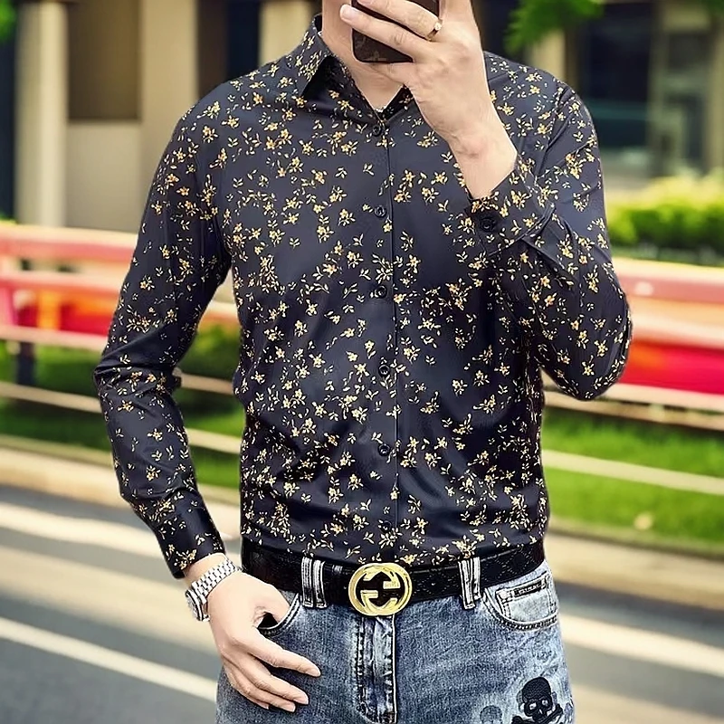 欧洲站夏季新款男士潮流时尚帅气气质百搭碎花显瘦休闲修身衬衫