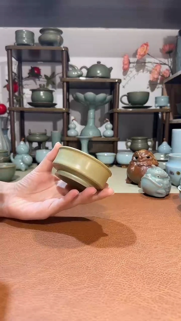 杯子瓷纯柴烧 卷足直口杯 主人杯品茗杯酒杯 青绿釉落日黄