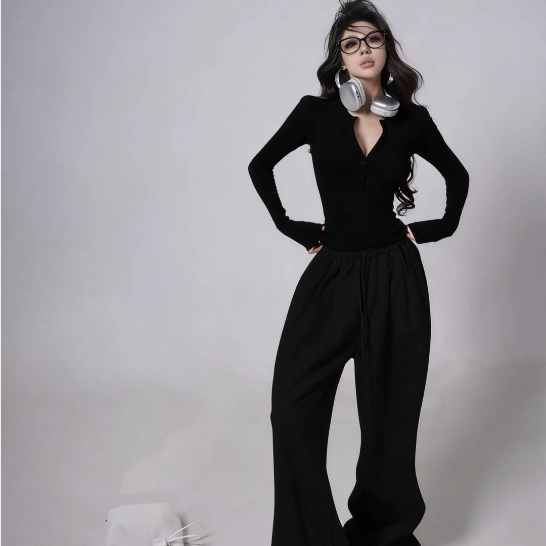 时尚套装修身性感简约显瘦气质长袖T恤女冬季高腰法式休闲阔腿裤