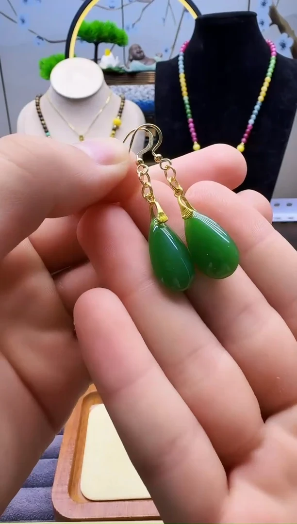 和田玉14K金镶嵌耳饰E119