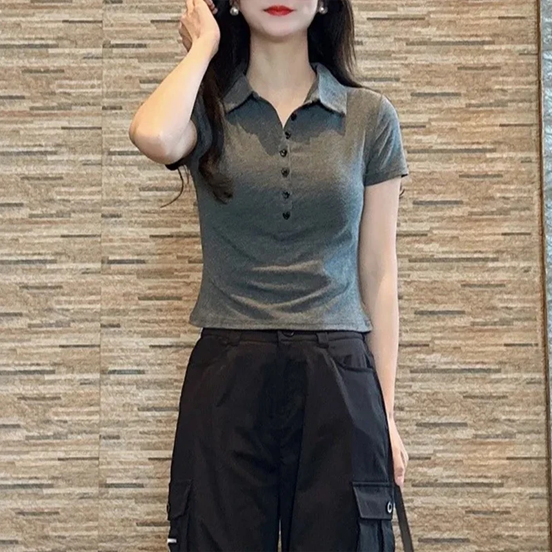 美式正肩灰色polo领短袖T恤女夏时尚纯棉修身显瘦翻领上衣打底衫