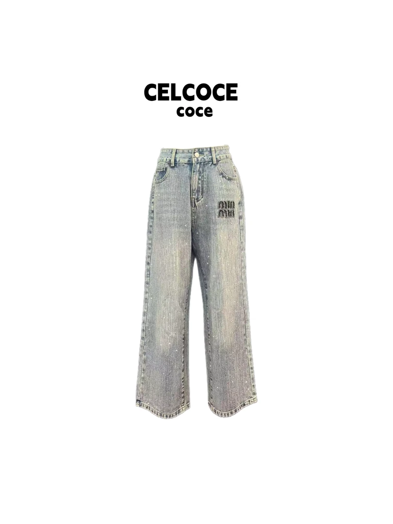 CELCOCE-L16-休闲设计感小香风蓝色显瘦烫钻爆闪牛仔直筒裤-Y