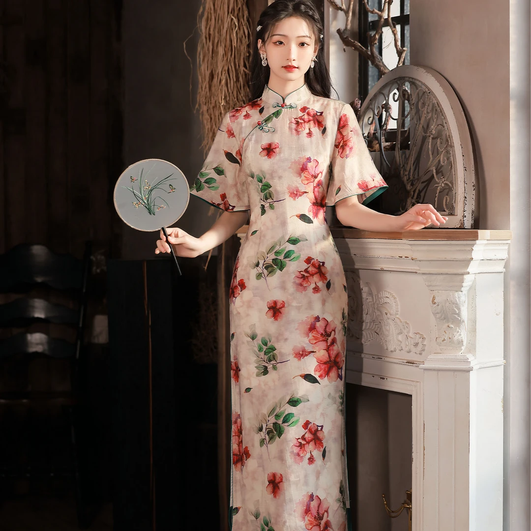 青未了【语夏】25夏季新款丝麻中国风改良新中式中长袖旗袍 衣长120