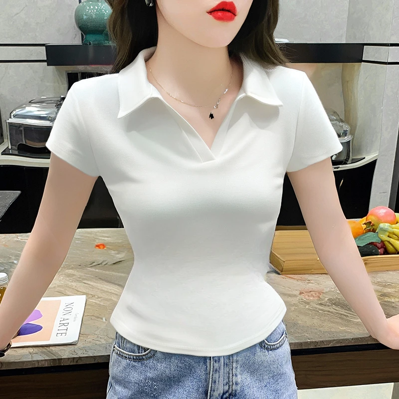 夏季新款翻领短袖t恤女2025卡腰辣妹修身短款polo衫正肩螺纹上衣