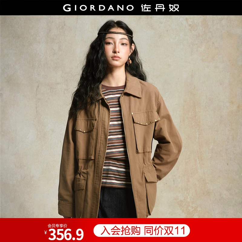 佐丹奴外套女装设计师款纯棉铆钉工装翻领中长款风衣外套18375911