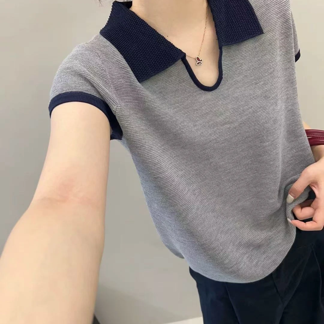 法式polo领撞色针织短袖上衣女2025夏季时尚设计感小众别致短款