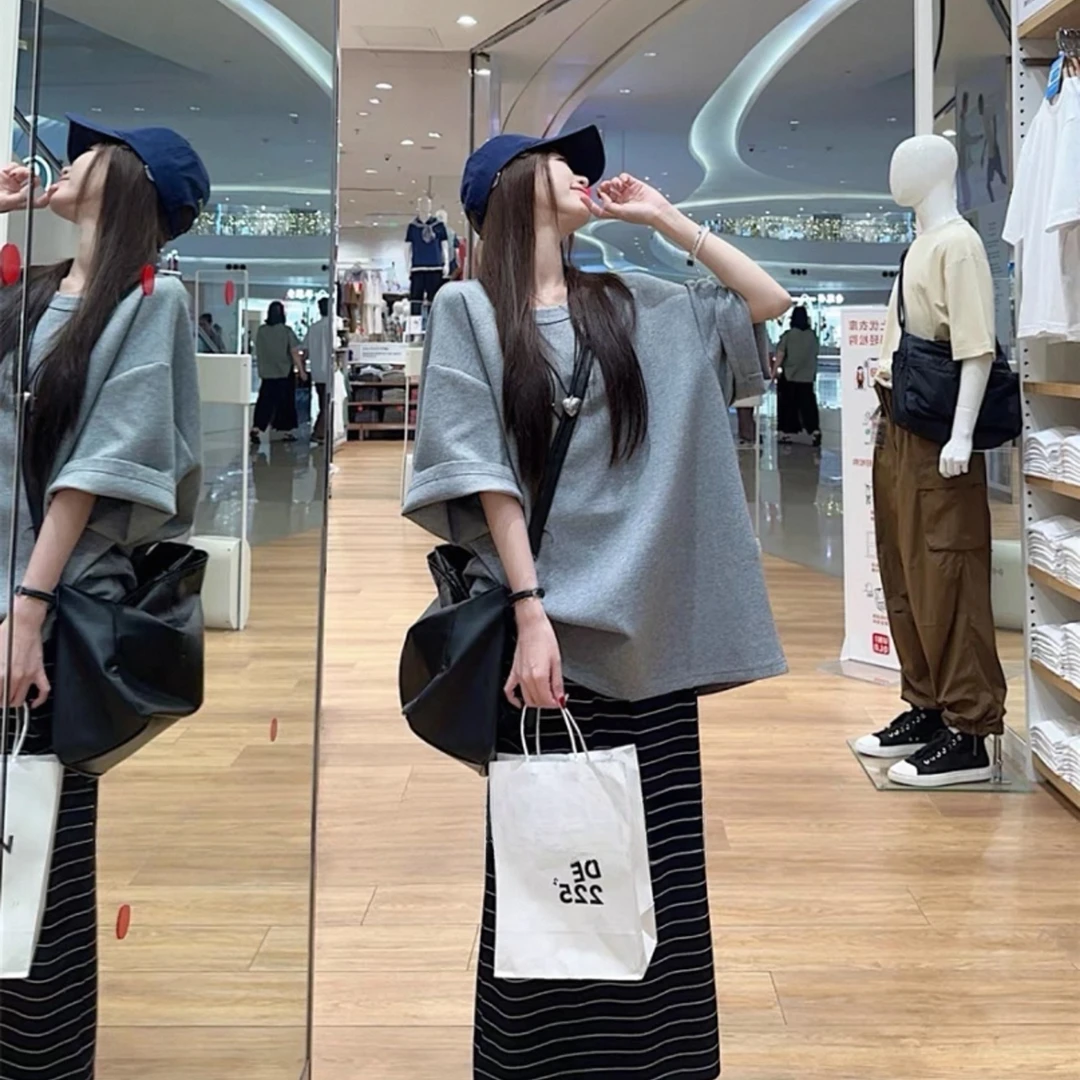 2025春夏新款百搭韩版时尚气质显瘦纯色短袖T恤条纹半身裙套装