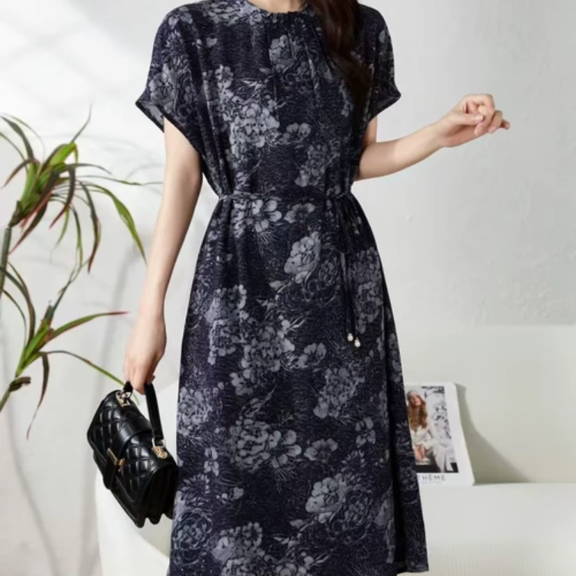 1090墨韵繁花高端领透气夏季妈妈装连衣裙