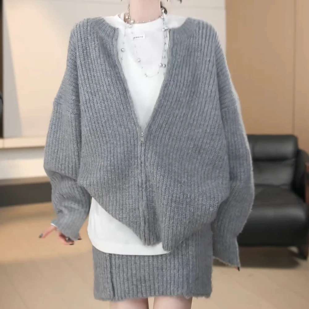 设计感秋冬显瘦针织衫毛衣开衫双口袋半裙套装女慵懒风软糯两件套