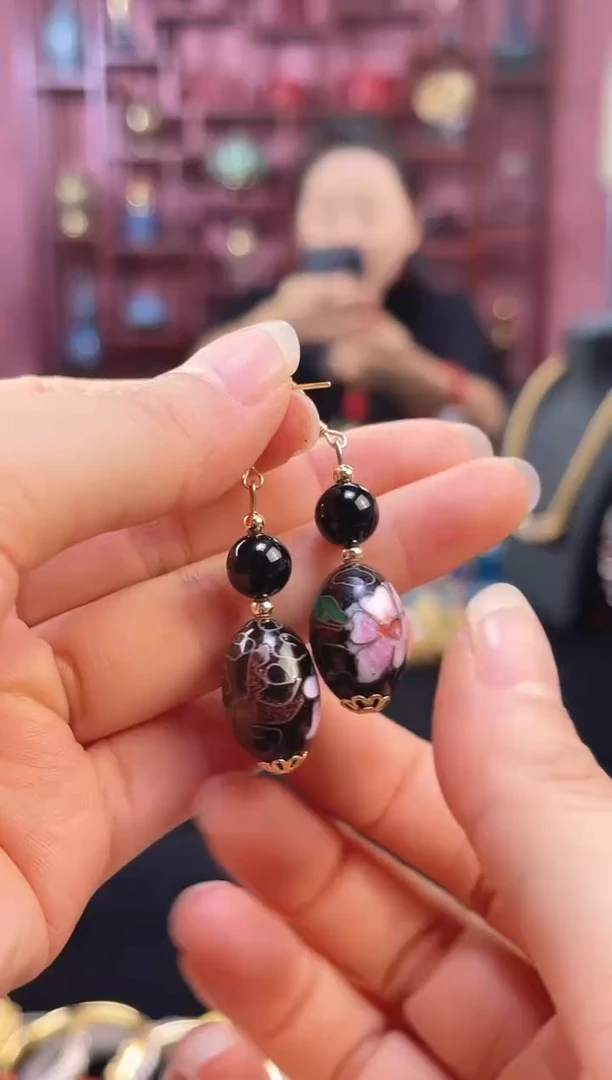 非遗 景泰蓝耳饰 黑色 大枣珠