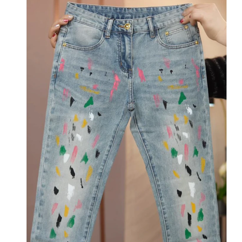 春夏复古浅蓝色手绘工艺修身小脚裤弹力薄款韩版百搭时尚牛仔裤