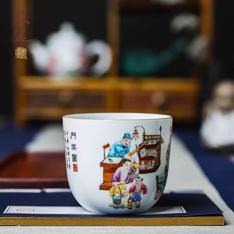 玖廷景德镇茶杯釉上彩珐琅彩斗茶图纯手工手绘陶瓷功夫茶盏主人杯