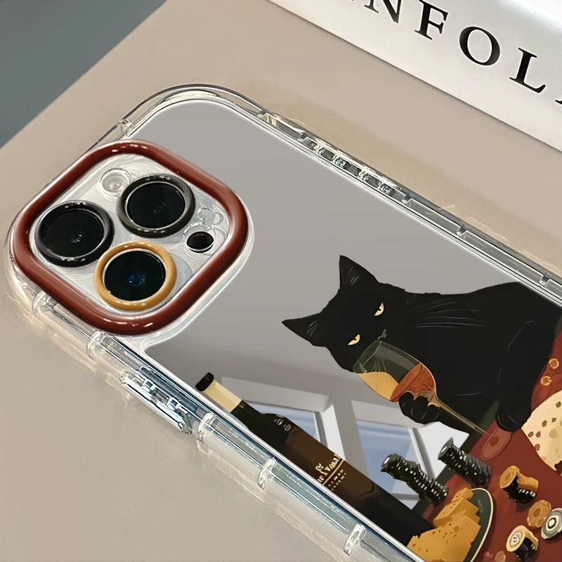 喝酒黑猫适用于苹果16promax镜面奶油壳iPhone15手机壳网17promax