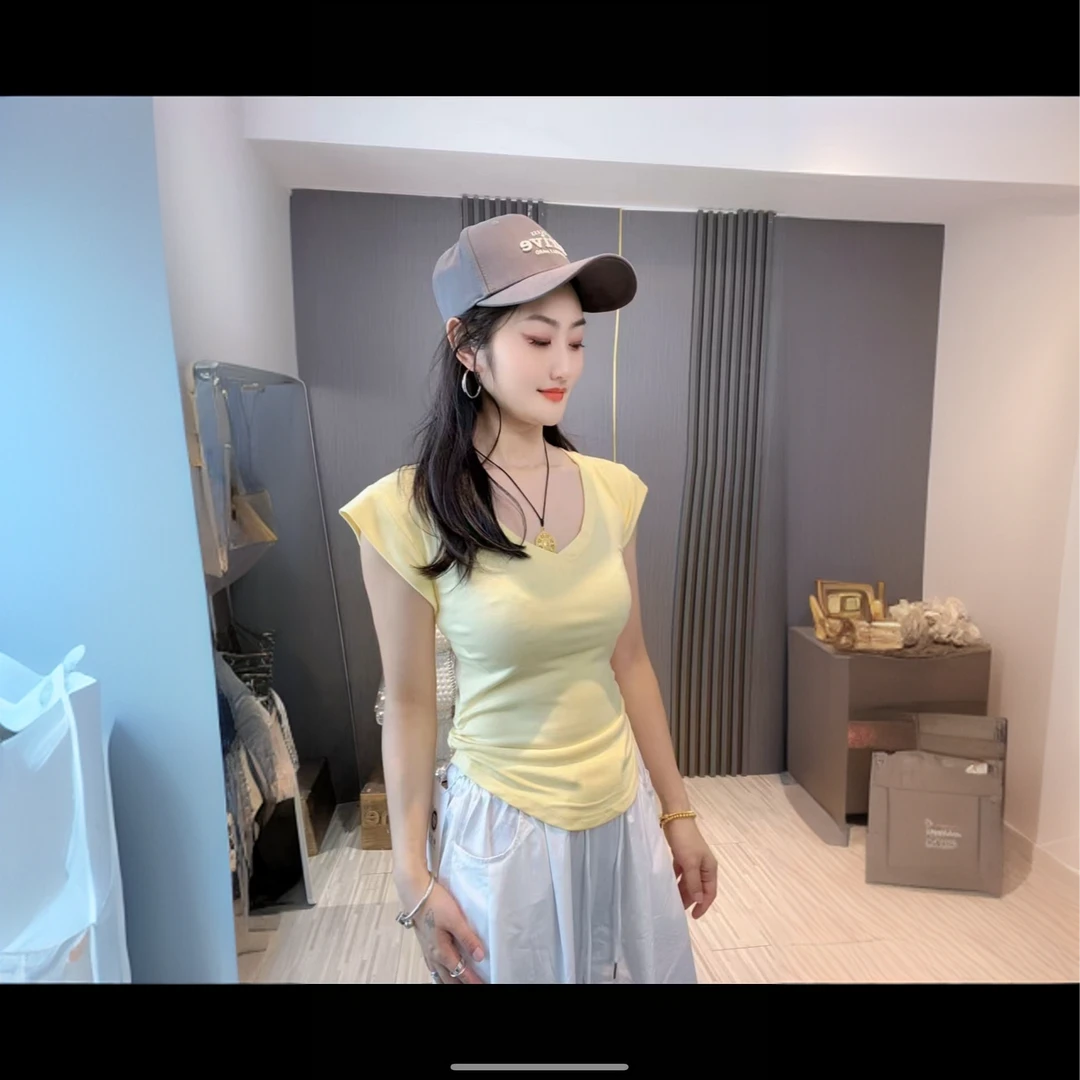 2025夏季小飞袖V领百搭纯欲辣妹设计感T恤上衣女