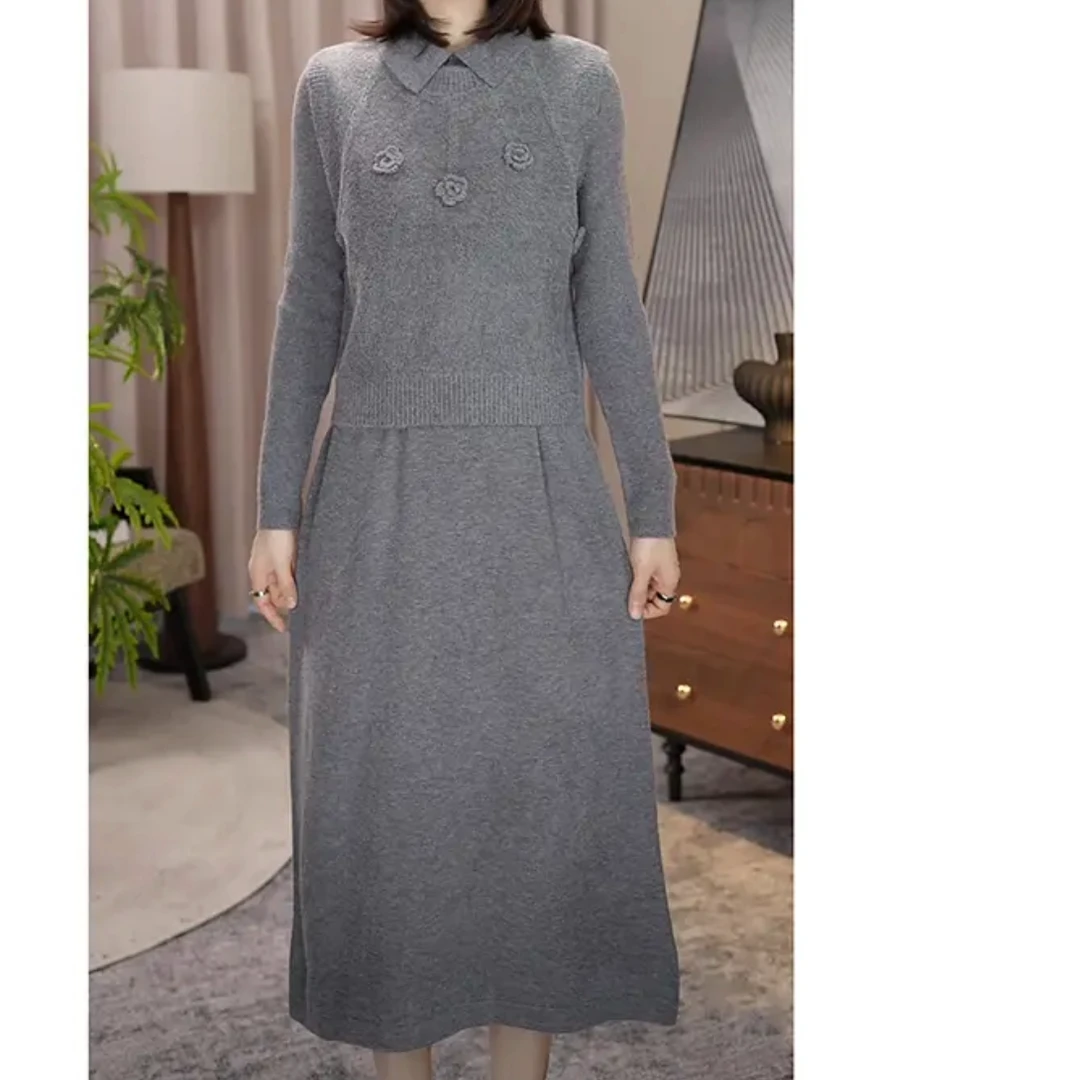 nuobeiyin/诺贝因冬季新款针织翻领连衣裙马甲两件套装 NAMM6967