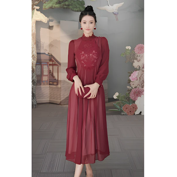 SUSSI/古色24年秋酒红色高级显瘦连衣裙女中式复古气质经典长款