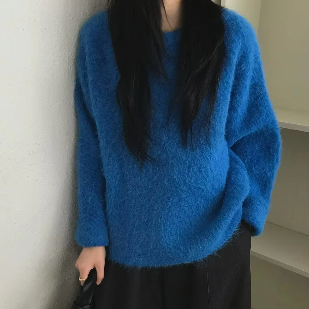 T2733 毛茸茸质感～软糯冬季宽松蓝色套头毛衣女