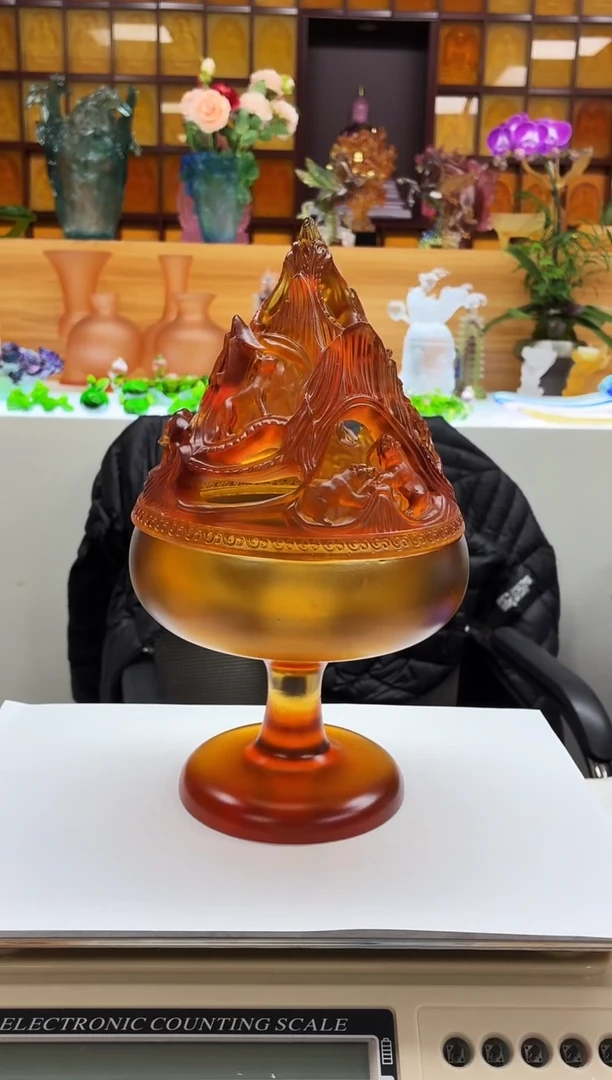 手工艺品琉璃琥珀色博山炉26*15*12公分特大号