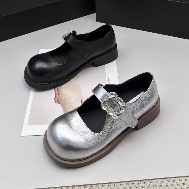 263-8复古小皮鞋女2025新款真皮平底单鞋水钻大头浅口玛丽珍鞋