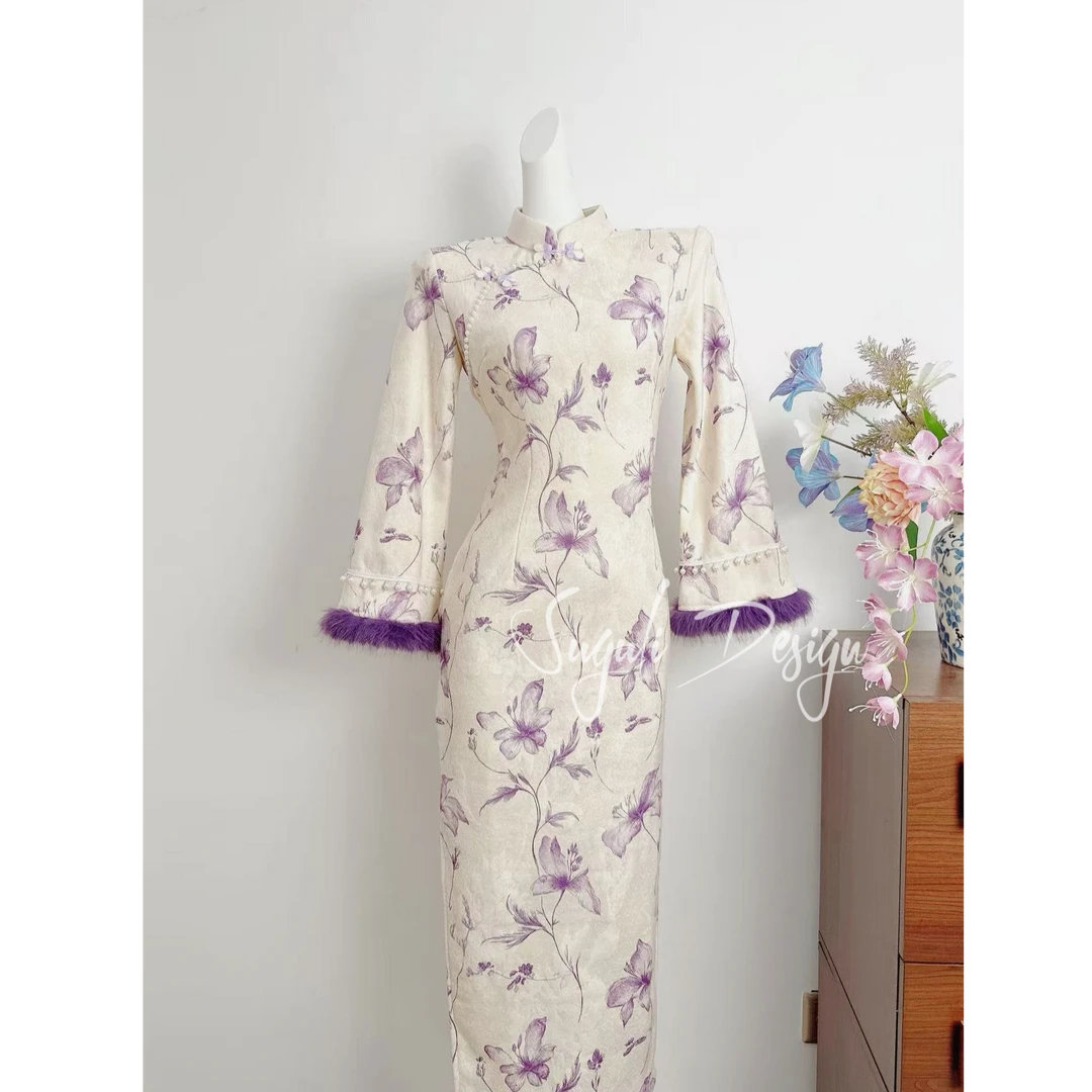 苏故里【紫黛】日常秋冬款微胖女生复古高雅女款新中式旗袍长125