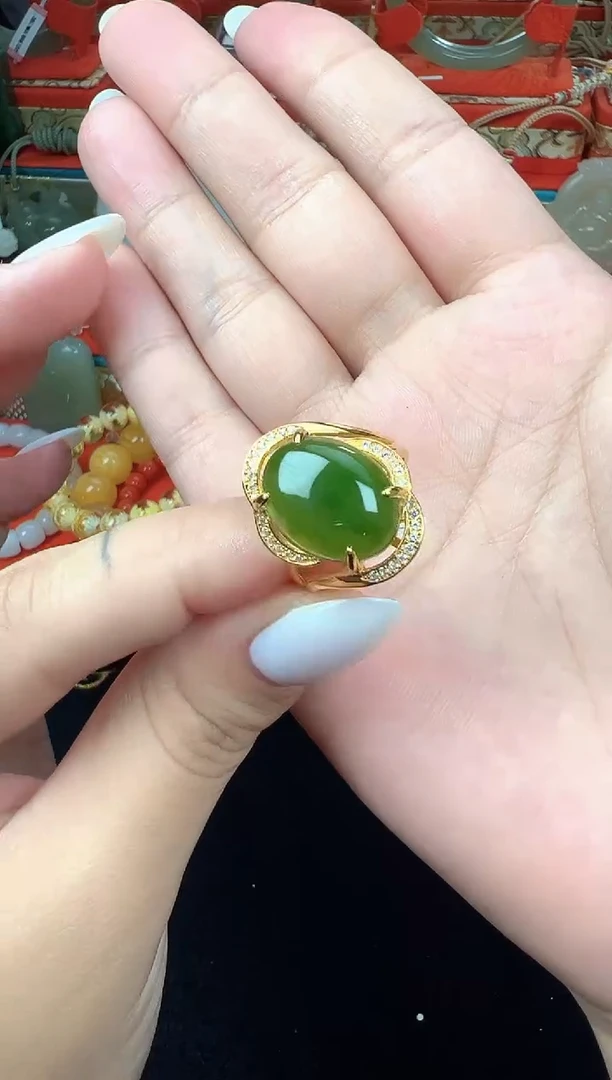 银S925镶嵌戒指和田玉碧玉戒指