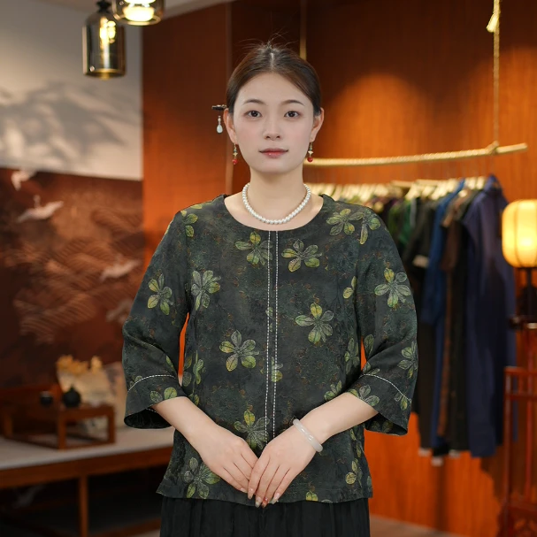 【晓景花香-上衣】设计师款圆领香云纱百搭上衣7331