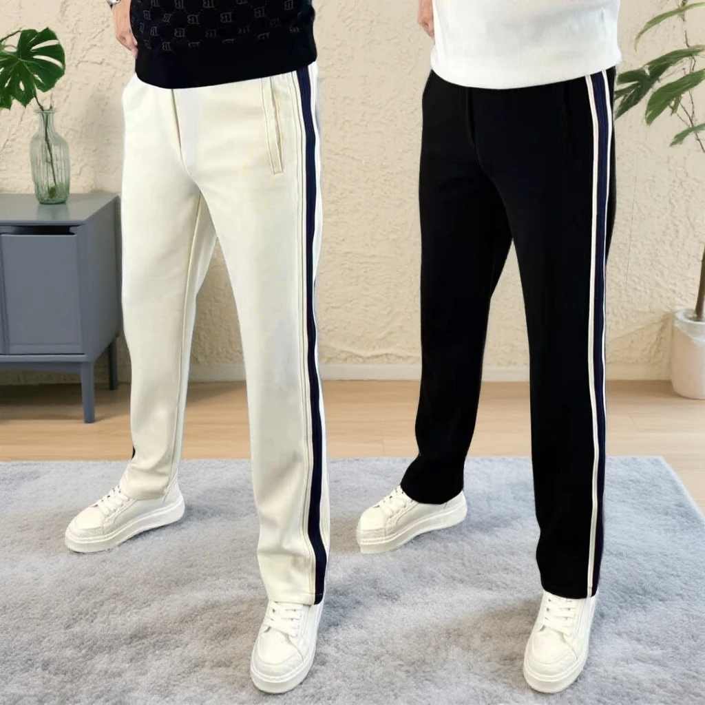 男士运动休闲裤加绒厚款条纹织带松紧腰抽绳秋冬弹力阔腿直筒裤男