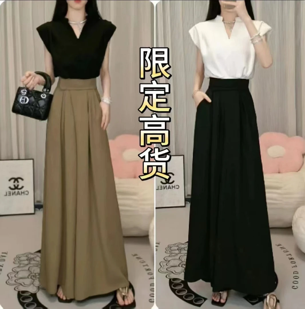 2025春夏新款御姐风气质百搭收腰上衣魔术贴高腰阔腿裤裙裤套装