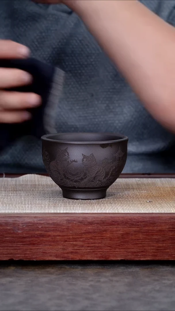 茶壶紫砂老紫泥猫趣主人杯