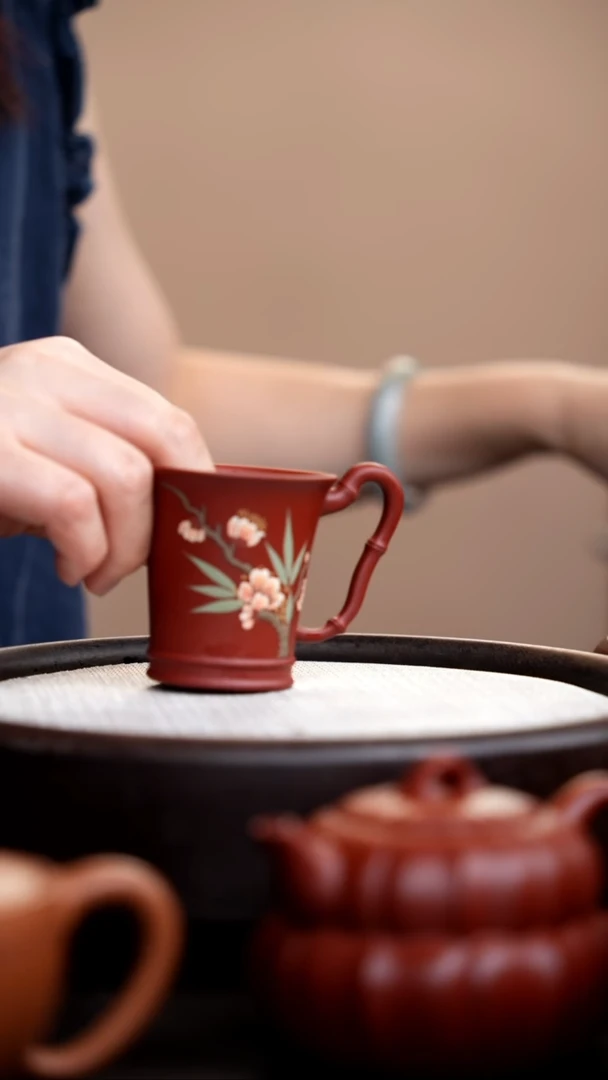 茶壶紫砂朱泥竹节手把杯线底花