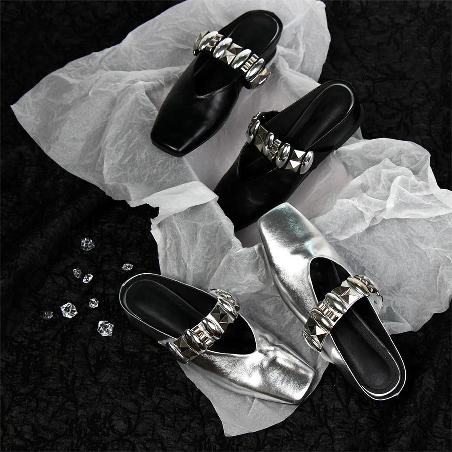 羊皮版~方头铆钉包头平底半拖女鞋夏外穿内增高法式一脚蹬凉拖鞋