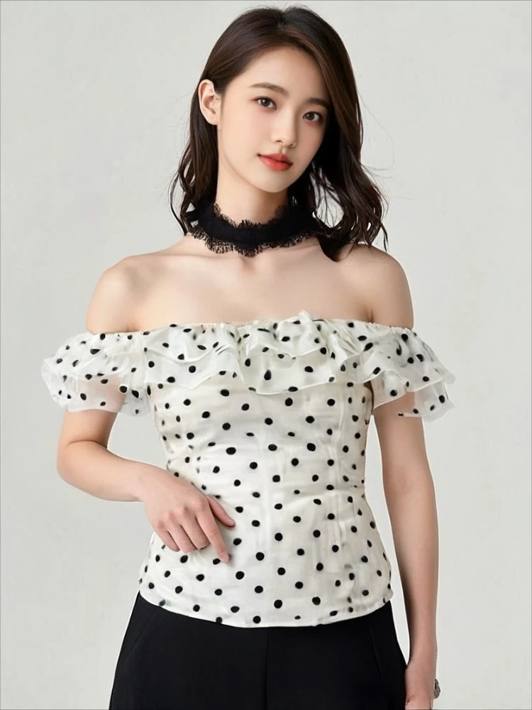 微胖mm纯欲风荷叶边一字肩雪纺衫女夏季修身显瘦波点黑白休闲上衣