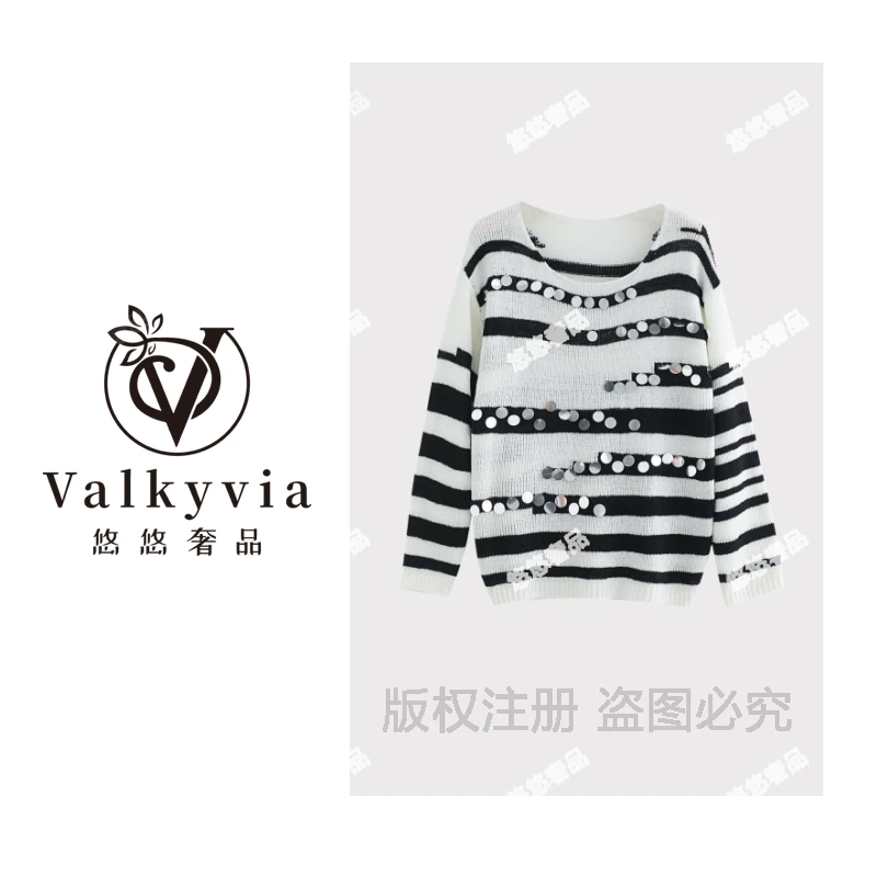 【Valkyvia/悠悠奢品】斑马纹重工亮片套头圆领针织衫TT617