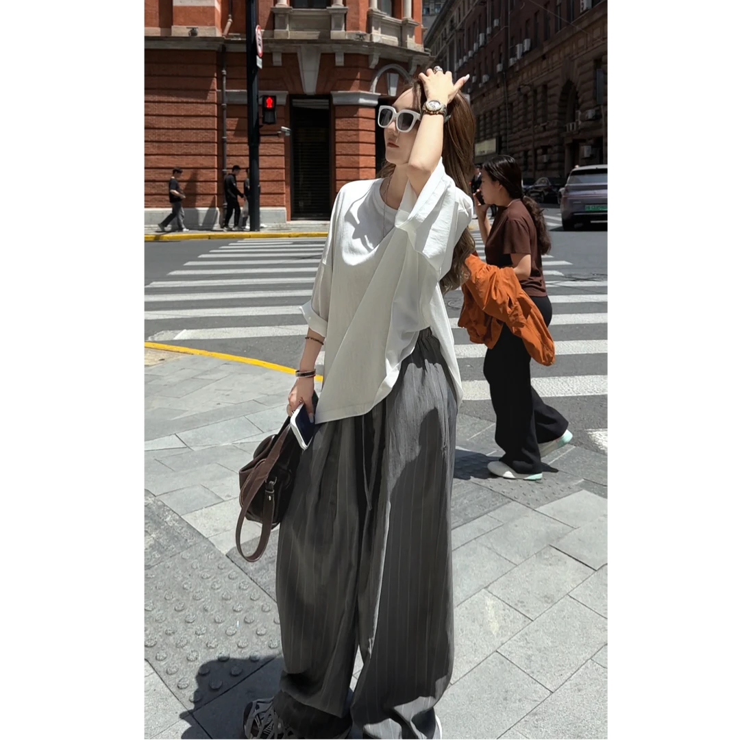 AMAZING IN | 羊毛x真丝 | 抽绳条纹阔腿休闲裤A250327-AI54ATR28