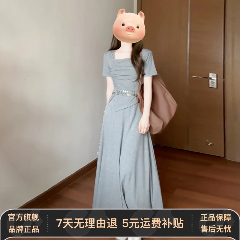 2025新款小个子慵懒风灰色连衣裙子女夏季法式高级感穿搭长裙套装