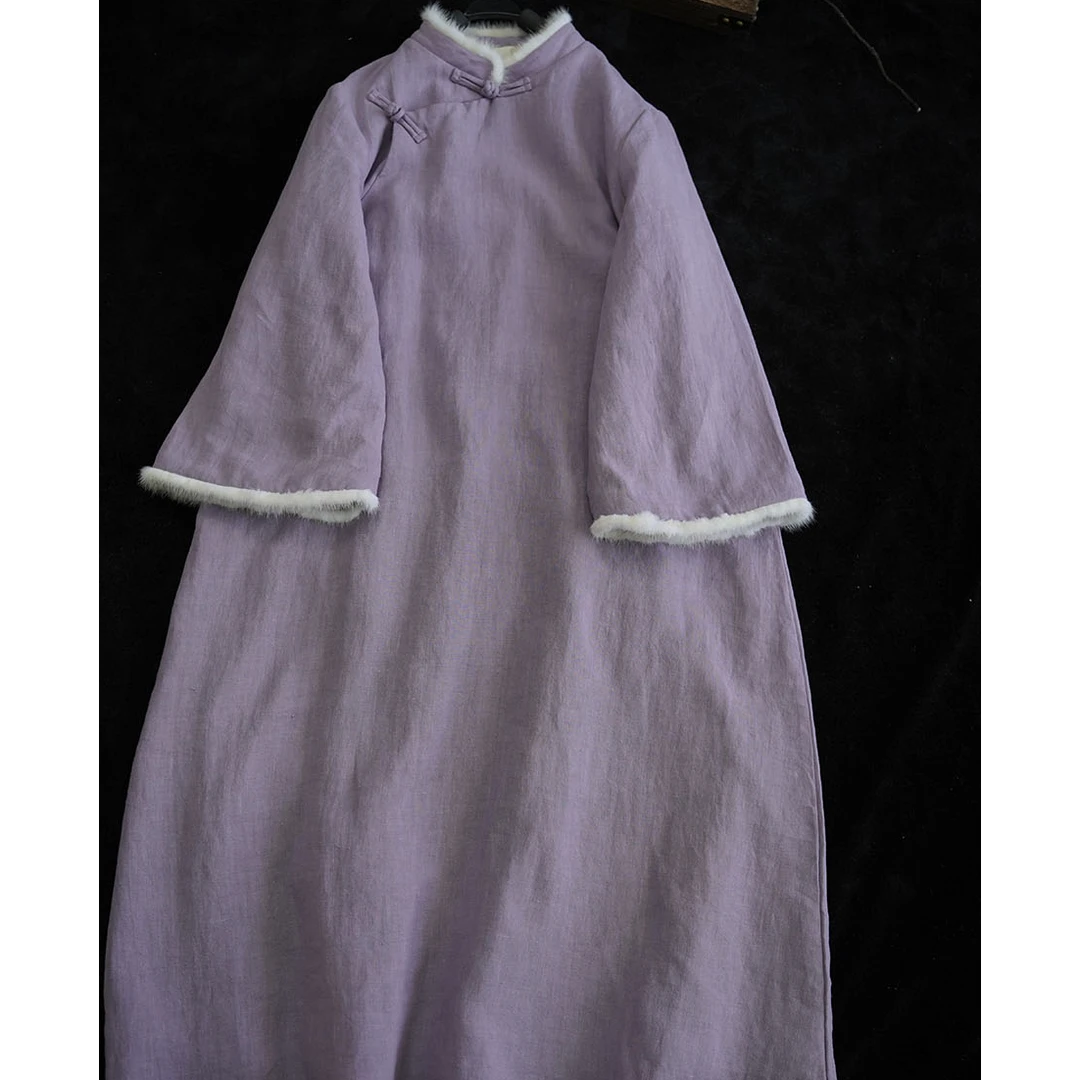 汉麻复古民族立领水袖水貂毛夹绒保暖旗袍裙