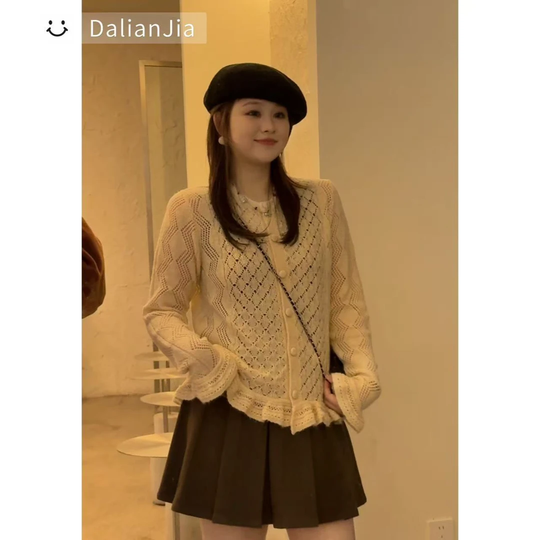 晶咕佳佳【调色盘】小方格花边纽扣毛衣开衫时尚针织百搭减龄