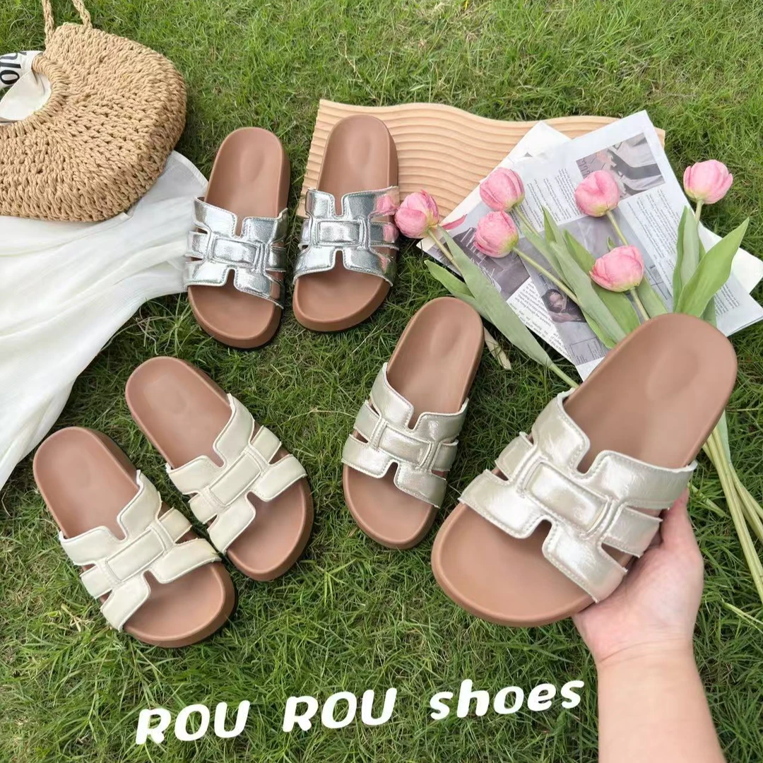 【ROU-2025】夏季韩版厚底一字拖女鞋百搭时尚软底松糕底外穿拖鞋